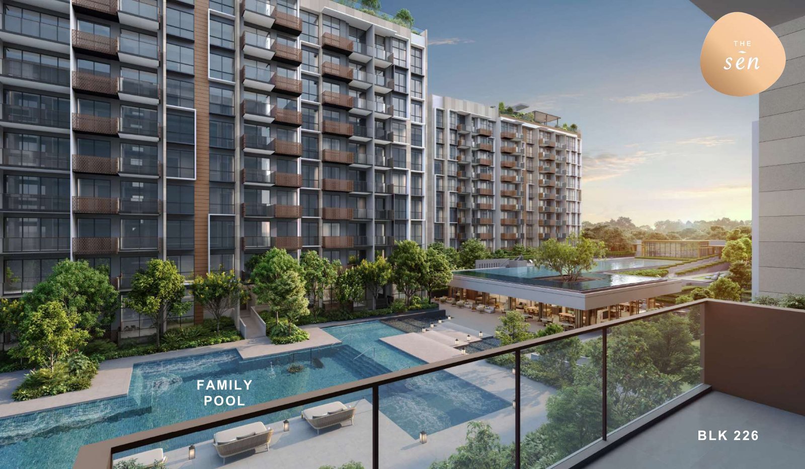 The view from a unit balcony over the family pool towards Block 226, artist's impression
