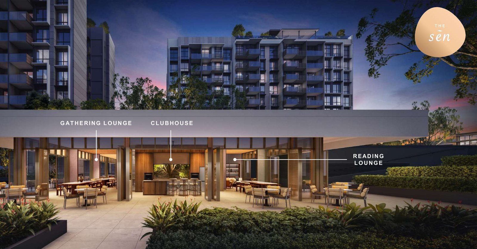 The clubhouse, gathering lounge and reading lounge on the landscape deck at dusk, artist's impression