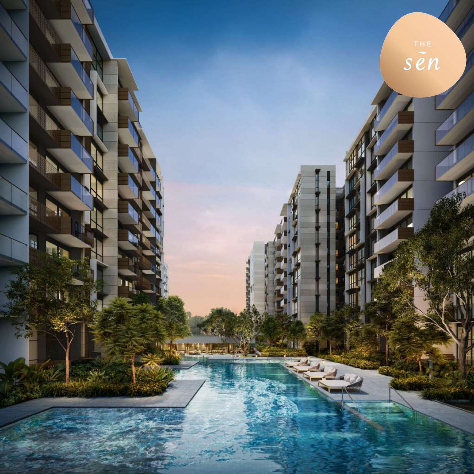 The family pool on the landscape deck, looking between two classic blocks, artist's impression
