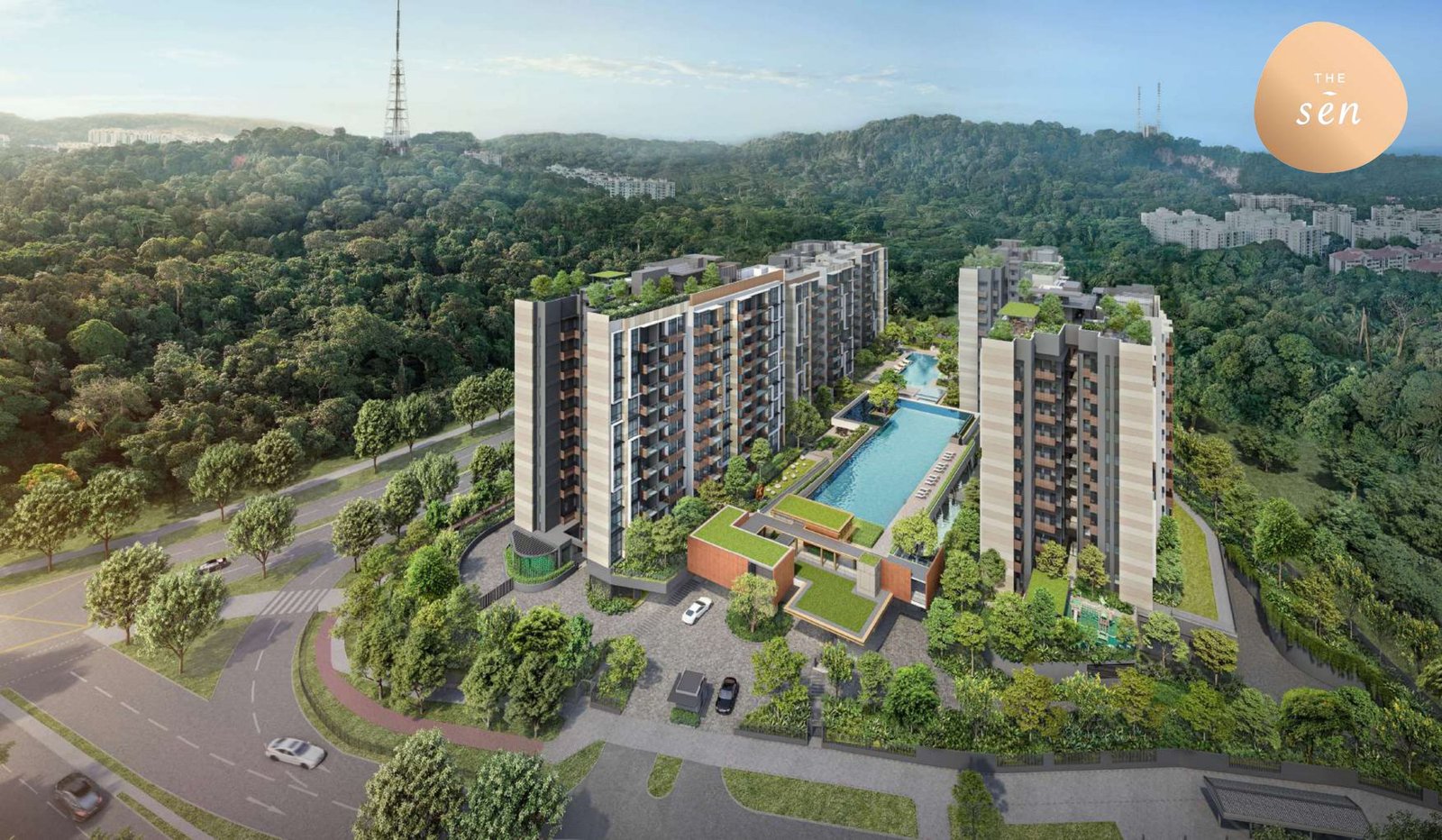 The Sen from above - five blocks stepping across a wooded slope off Jalan Jurong Kechil, artist's impression