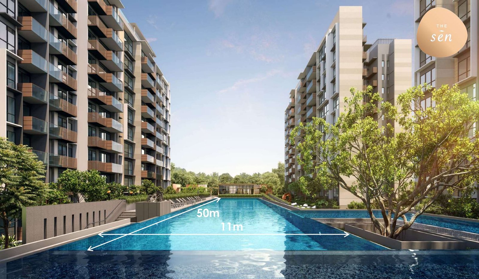 The 50m lap pool on the second-storey deck, dimensioned 50m by 11m on the architect's render