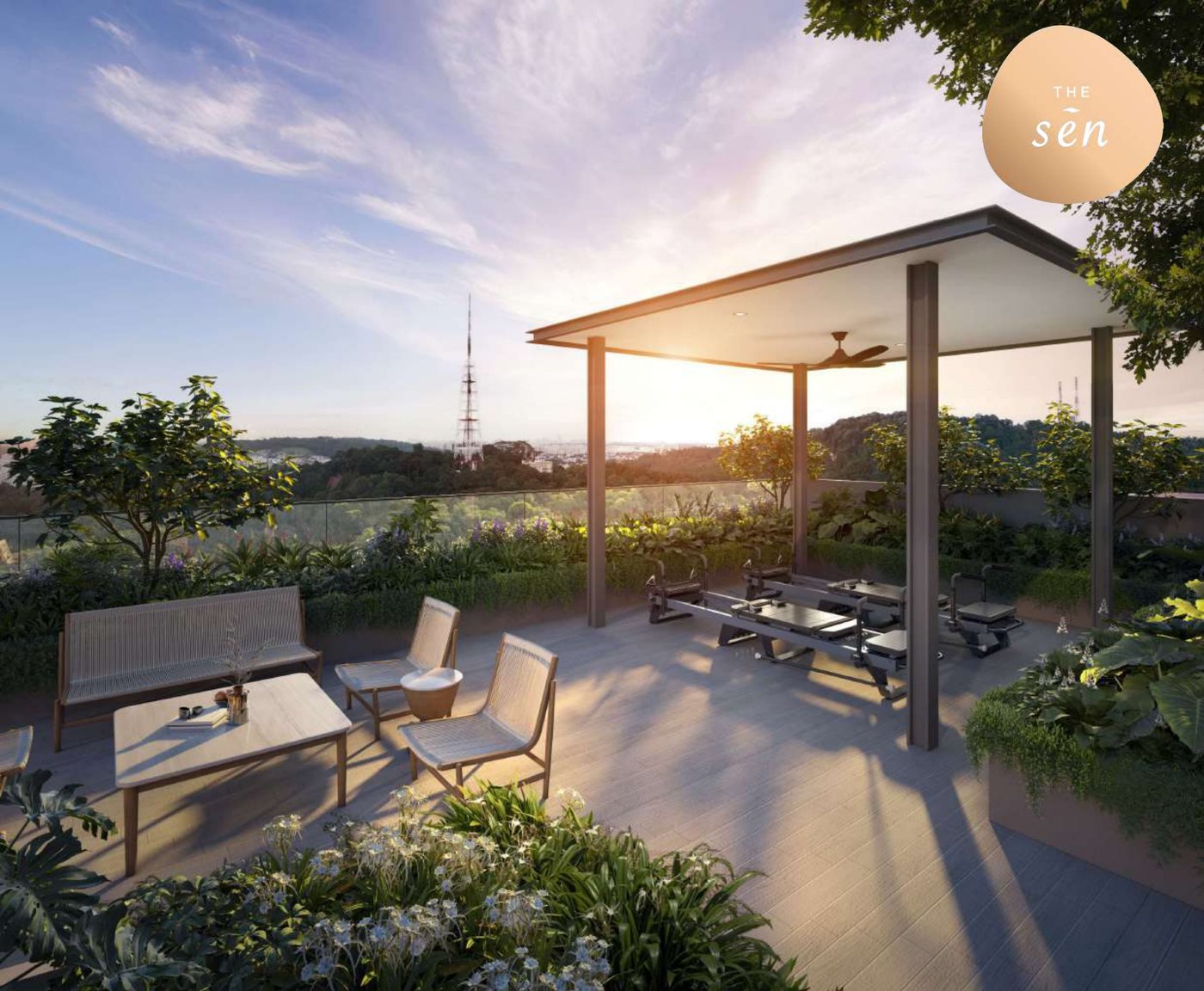 The pilates pavilion on the roof terrace at dusk, artist's impression