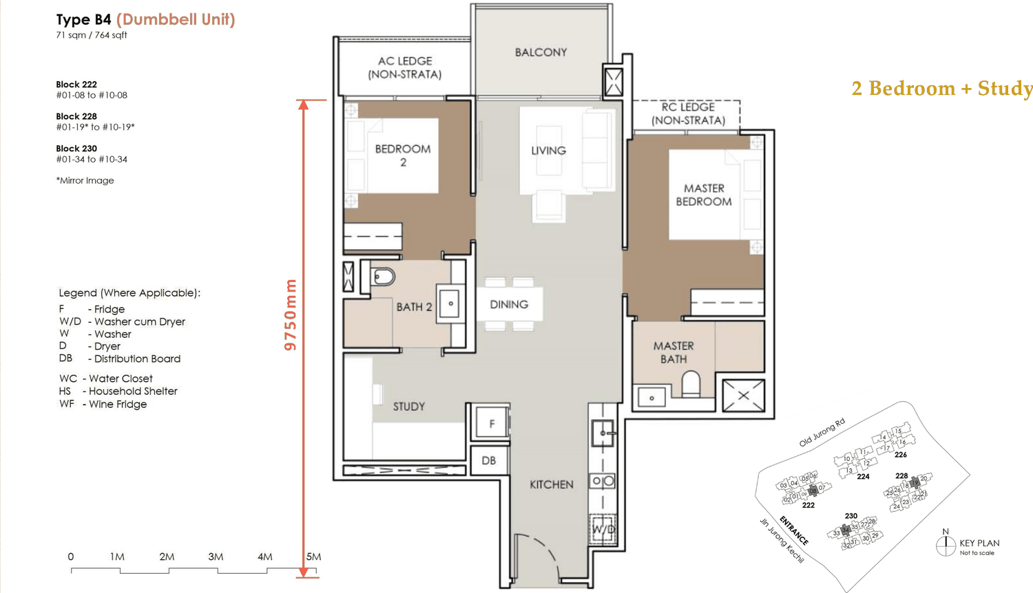 Floor plan, Type B4 - 2 bedroom + study - 764 sq ft - dumbbell