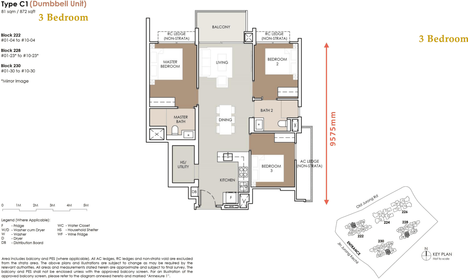 Floor plan, Type C1 - 3 bedroom - 872 sq ft - dumbbell