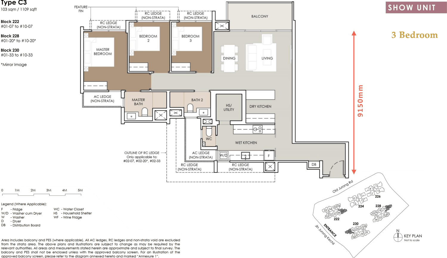 Floor plan, Type C3 - 3 bedroom - 1,109 sq ft - show unit