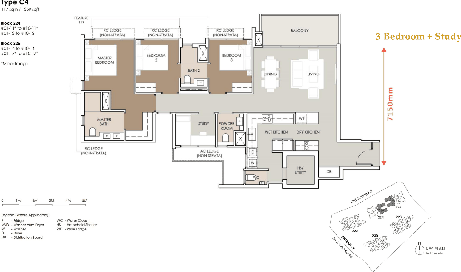 Floor plan, Type C4 - 3 bedroom + study - 1,259 sq ft