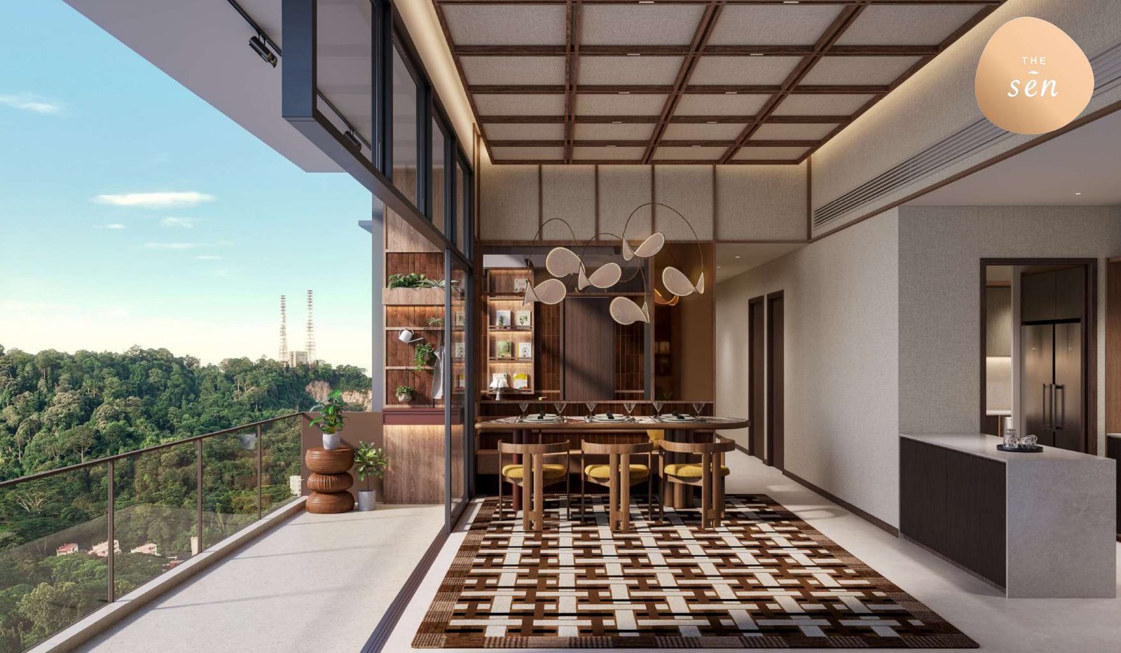 A Prestige unit living and dining room looking out over the Bukit Timah tree line, artist's impression